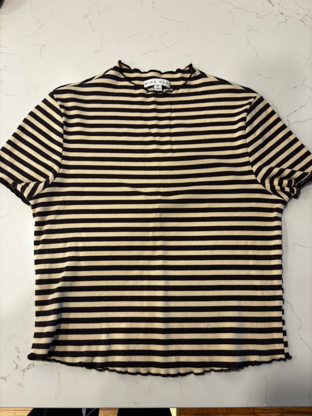Miou Miu Black & Cream Cropped Striped Ribbed Tee